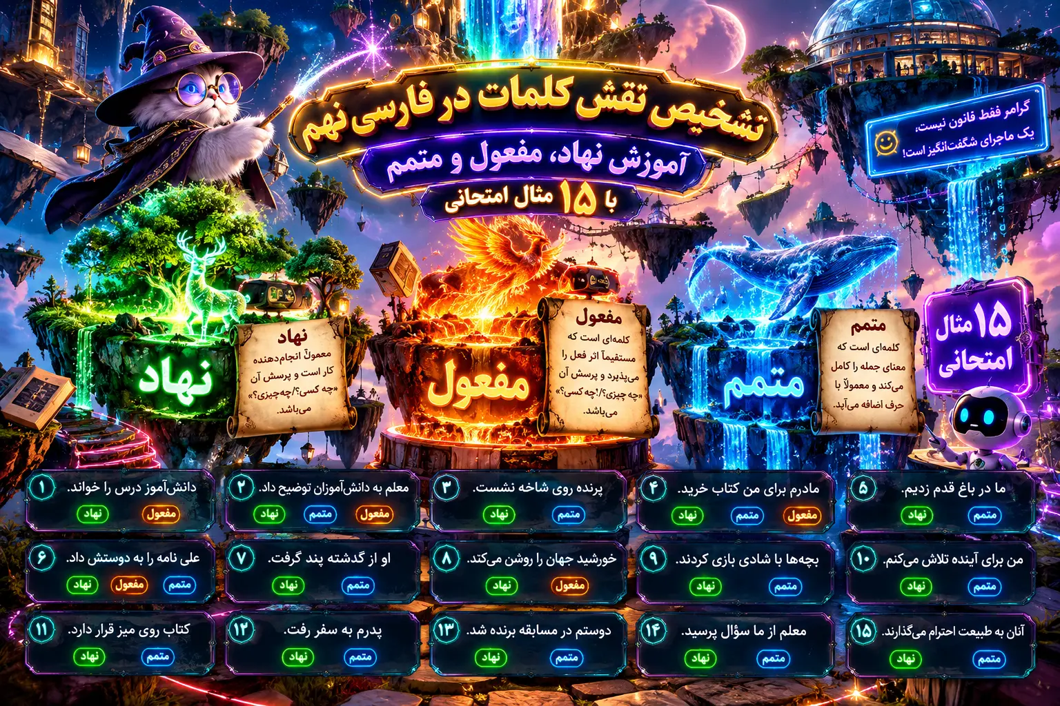 تشخیص نقش کلمات در فارسی نهم؛ آموزش نهاد، مفعول و متمم با ۱۵ مثال امتحانی